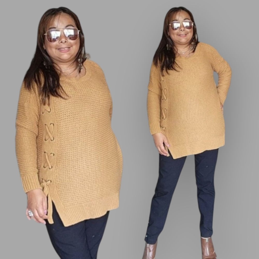 Maurices Women's Mustard Yellow Side Lace-Up Tunic Sweater"